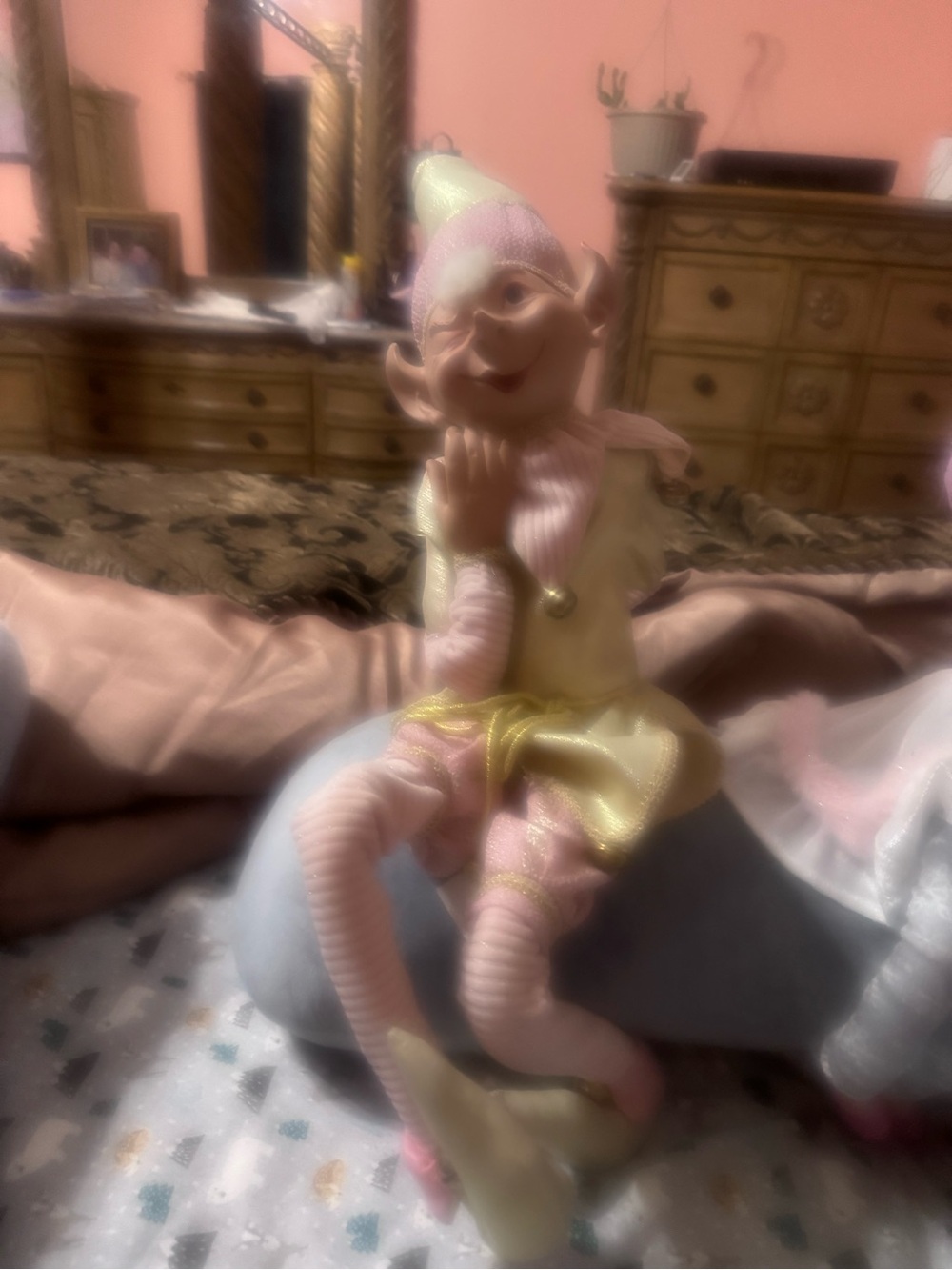 Pink and Cream Sitting Elf Figurine